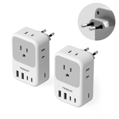 2 Pack European Travel Plug Adapter, TESSAN Europe Power Converter 4 Outlets 3 USB(1 USB C PD 20W), Type C International Adaptor to Italy Spain France Portugal Iceland Germany, EU Travel Essentials