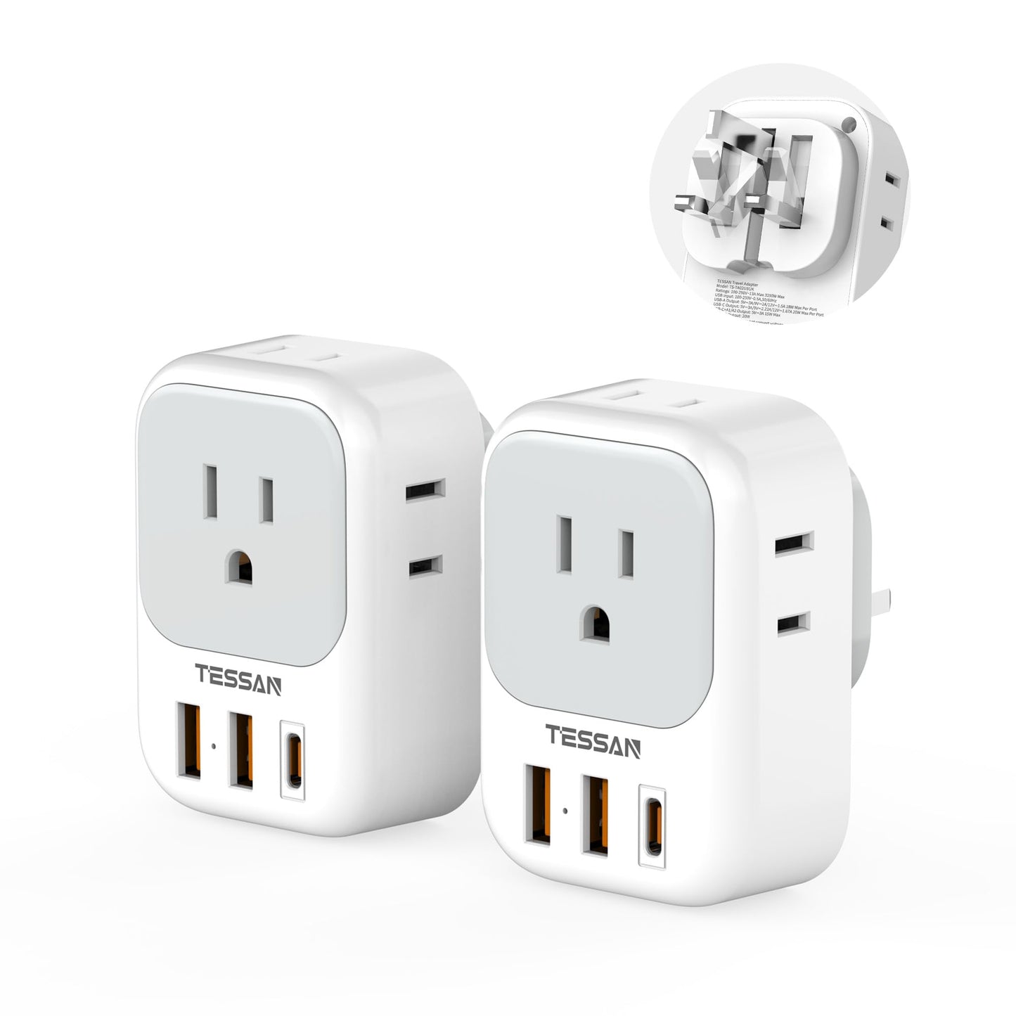 2 Pack European Travel Plug Adapter, TESSAN Europe Power Converter 4 Outlets 3 USB(1 USB C PD 20W), Type C International Adaptor to Italy Spain France Portugal Iceland Germany, EU Travel Essentials
