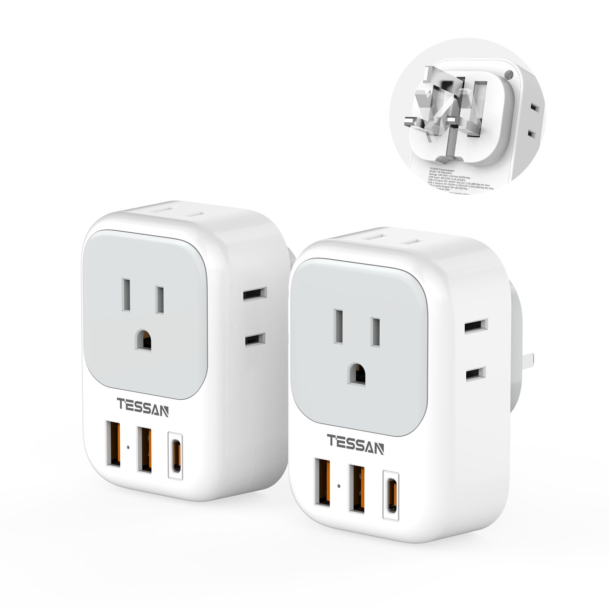 2 Pack European Travel Plug Adapter, TESSAN Europe Power Converter 4 Outlets 3 USB(1 USB C PD 20W), Type C International Adaptor to Italy Spain France Portugal Iceland Germany, EU Travel Essentials