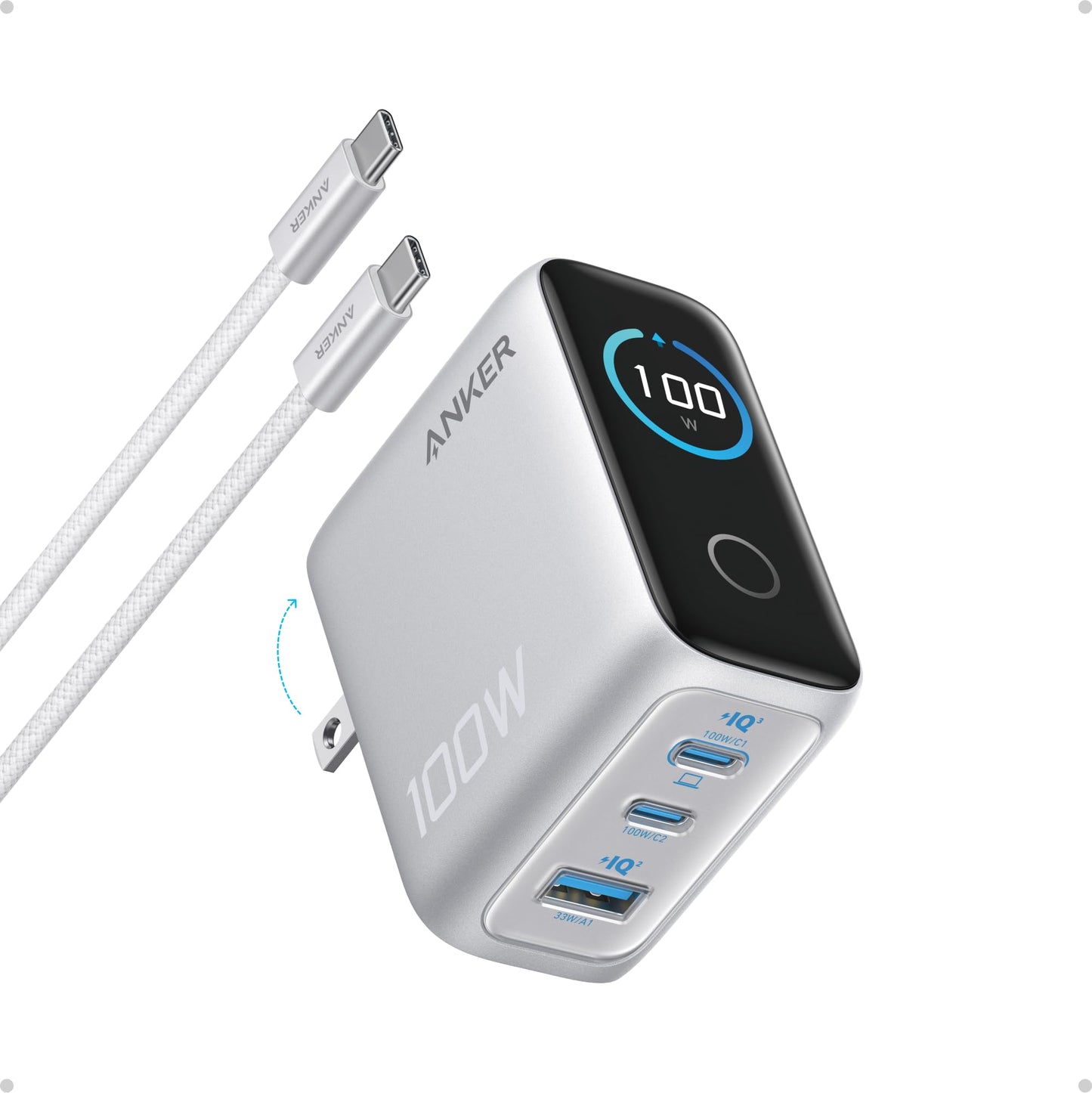Anker Phone Charger,UP to 100W USB C Charger Block,Ultra-Compact 3-Port GaN Fast Wall Adapter with Smart Display and Touch Control for iPhone 17 Series,iPad,MacBook Pro/Air(Include Cable,Non-Battery)