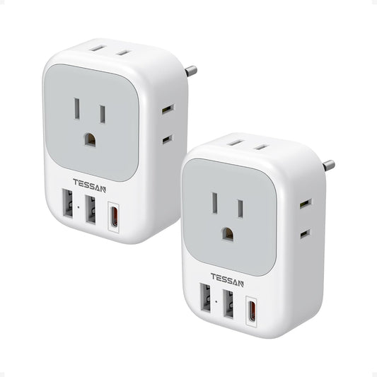 2 Pack European Travel Plug Adapter, TESSAN Europe Power Converter 4 Outlets 3 USB(1 USB C PD 20W), Type C International Adaptor to Italy Spain France Portugal Iceland Germany, EU Travel Essentials