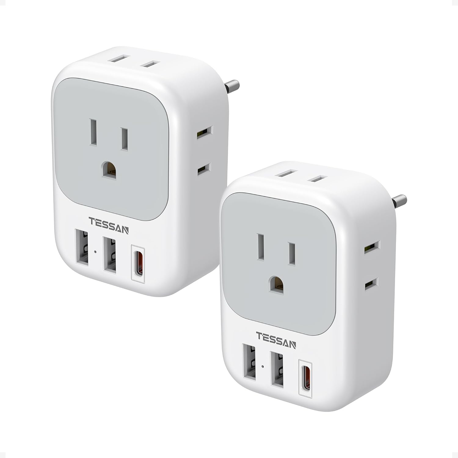 2 Pack European Travel Plug Adapter, TESSAN Europe Power Converter 4 Outlets 3 USB(1 USB C PD 20W), Type C International Adaptor to Italy Spain France Portugal Iceland Germany, EU Travel Essentials
