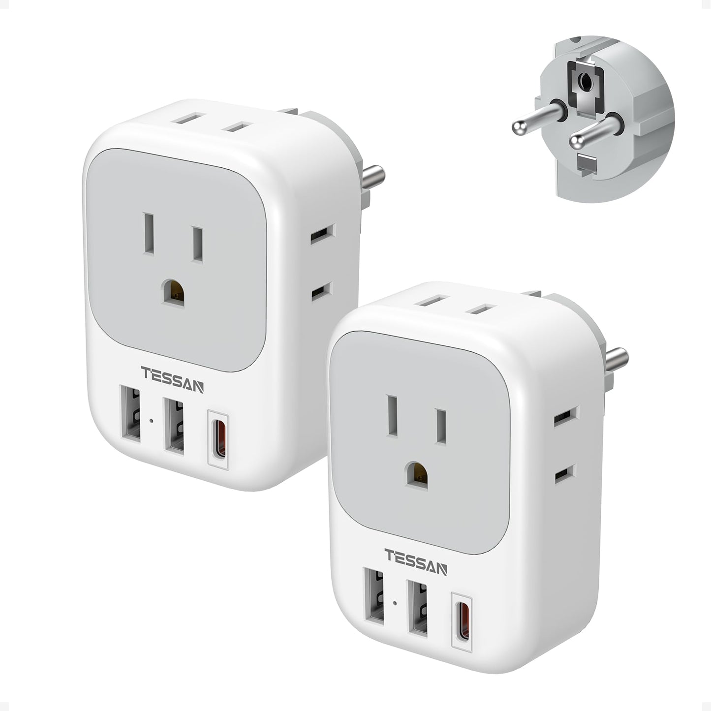 2 Pack European Travel Plug Adapter, TESSAN Europe Power Converter 4 Outlets 3 USB(1 USB C PD 20W), Type C International Adaptor to Italy Spain France Portugal Iceland Germany, EU Travel Essentials