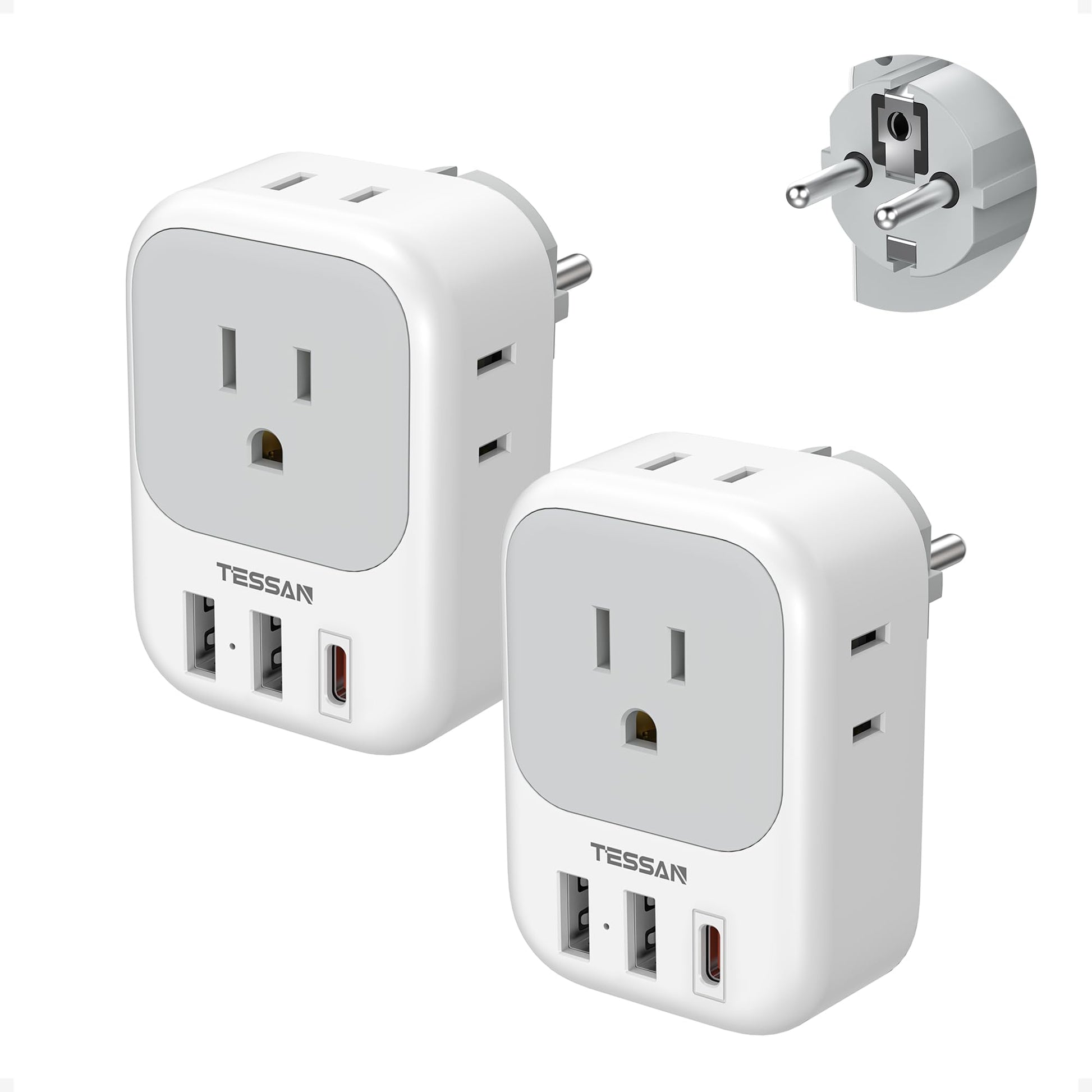 2 Pack European Travel Plug Adapter, TESSAN Europe Power Converter 4 Outlets 3 USB(1 USB C PD 20W), Type C International Adaptor to Italy Spain France Portugal Iceland Germany, EU Travel Essentials