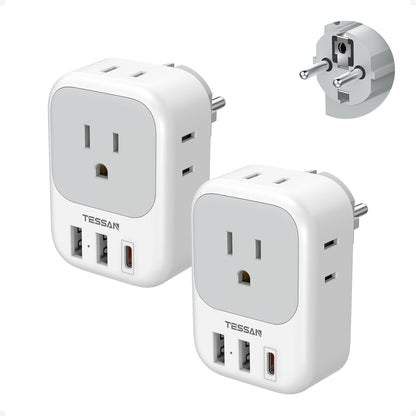 2 Pack European Travel Plug Adapter, TESSAN Europe Power Converter 4 Outlets 3 USB(1 USB C PD 20W), Type C International Adaptor to Italy Spain France Portugal Iceland Germany, EU Travel Essentials