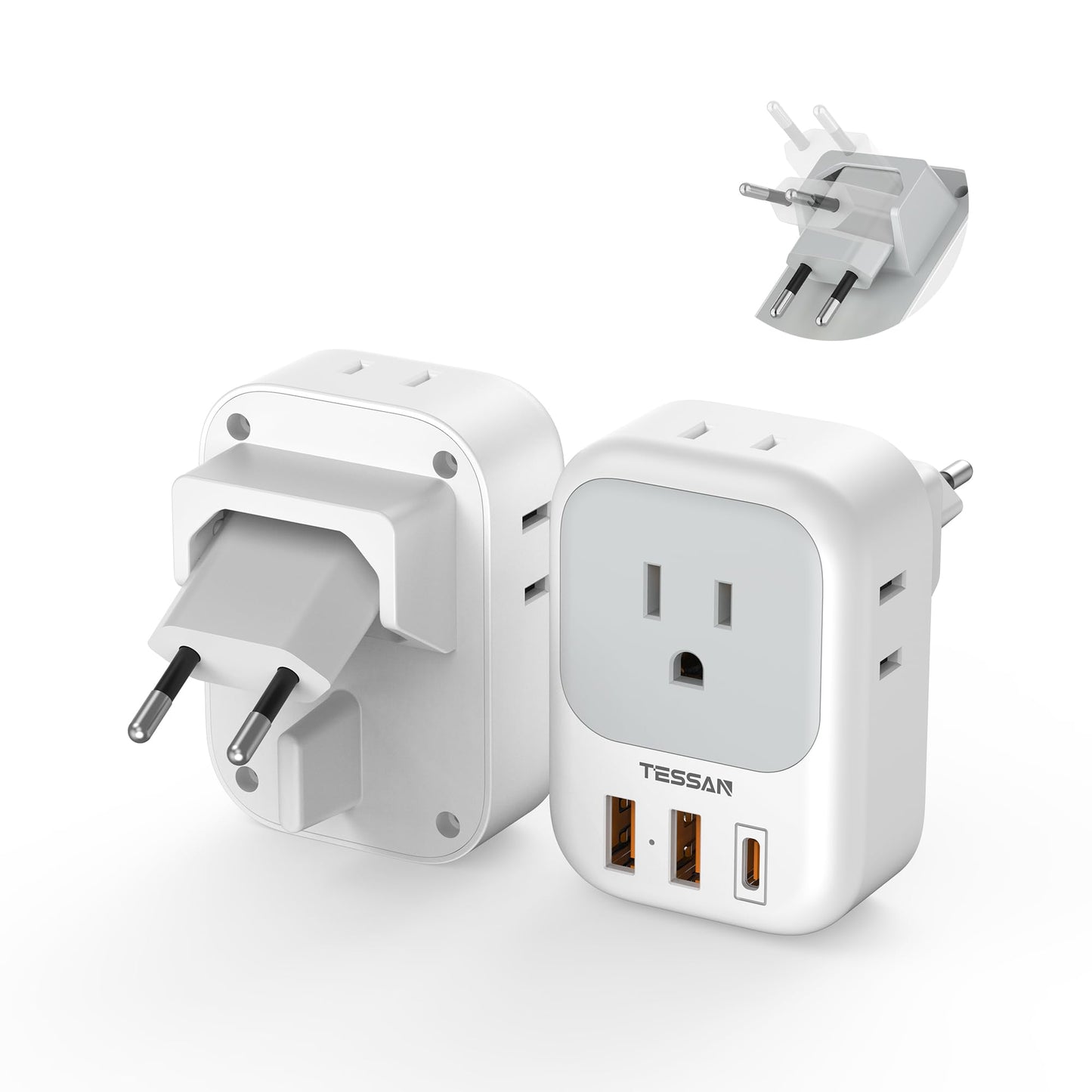 2 Pack European Travel Plug Adapter, TESSAN Europe Power Converter 4 Outlets 3 USB(1 USB C PD 20W), Type C International Adaptor to Italy Spain France Portugal Iceland Germany, EU Travel Essentials
