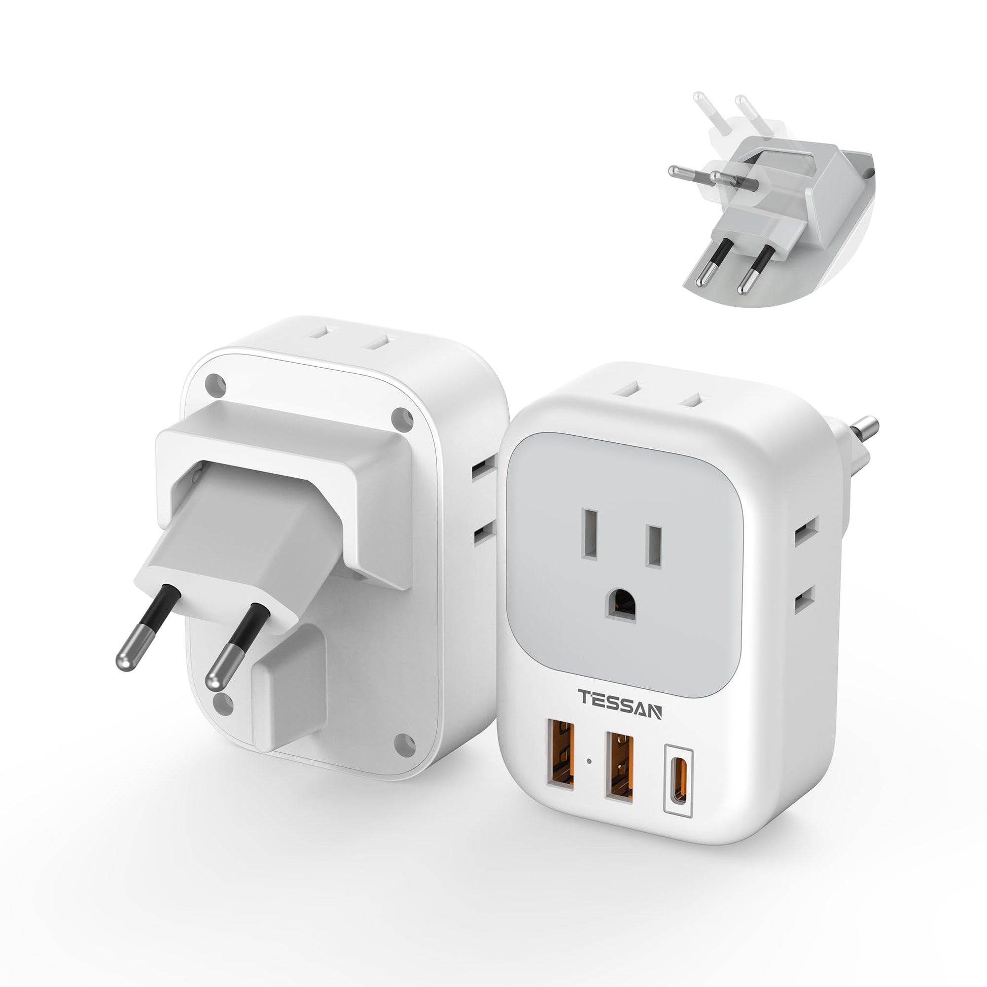 2 Pack European Travel Plug Adapter, TESSAN Europe Power Converter 4 Outlets 3 USB(1 USB C PD 20W), Type C International Adaptor to Italy Spain France Portugal Iceland Germany, EU Travel Essentials