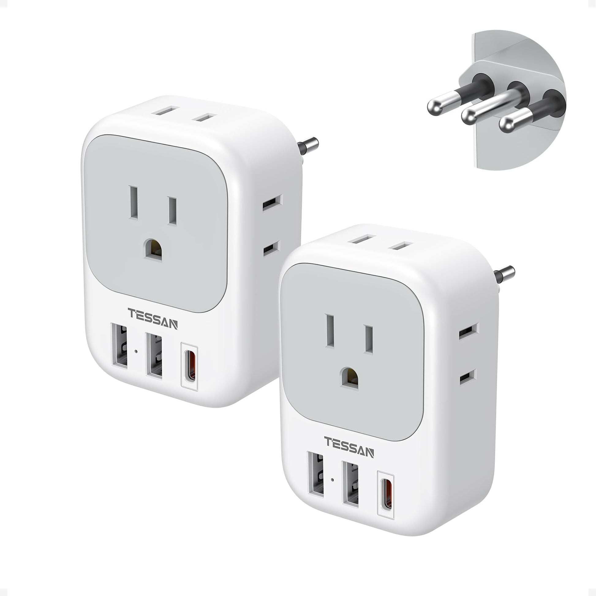2 Pack European Travel Plug Adapter, TESSAN Europe Power Converter 4 Outlets 3 USB(1 USB C PD 20W), Type C International Adaptor to Italy Spain France Portugal Iceland Germany, EU Travel Essentials