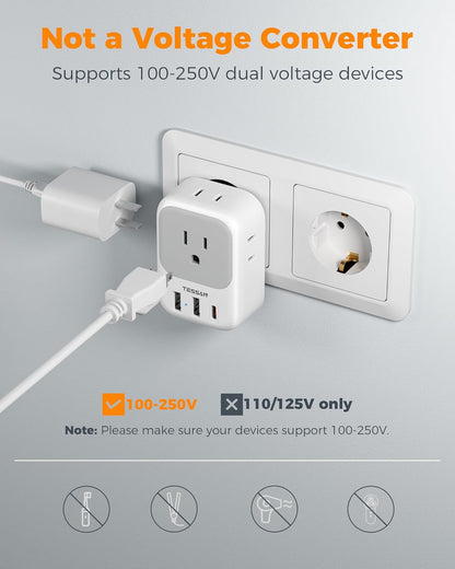 2 Pack European Travel Plug Adapter, TESSAN Europe Power Converter 4 Outlets 3 USB(1 USB C PD 20W), Type C International Adaptor to Italy Spain France Portugal Iceland Germany, EU Travel Essentials