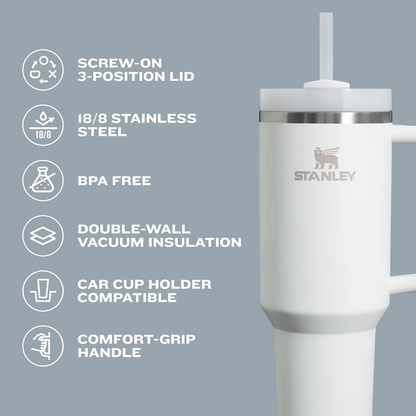 STANLEY Quencher H2.0 Tumbler with Handle and Straw 40 oz | Flowstate 3-Position Lid | Cup Holder Compatible for Travel | Insulated Stainless Steel Cup | BPA-Free | Cream 2.0