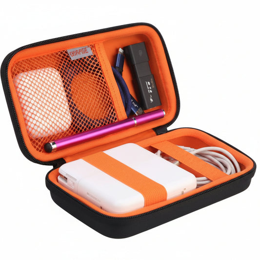 BOVKE PU Hard Travel Case for MacBook Air Pro Power Adapter Apple MagSafe 2 USB-C Charger - Extra Room for USB C Hub, Type C Hub, USB C Hub Multiport Adapter, Magic Mouse, Charging Cable, Black