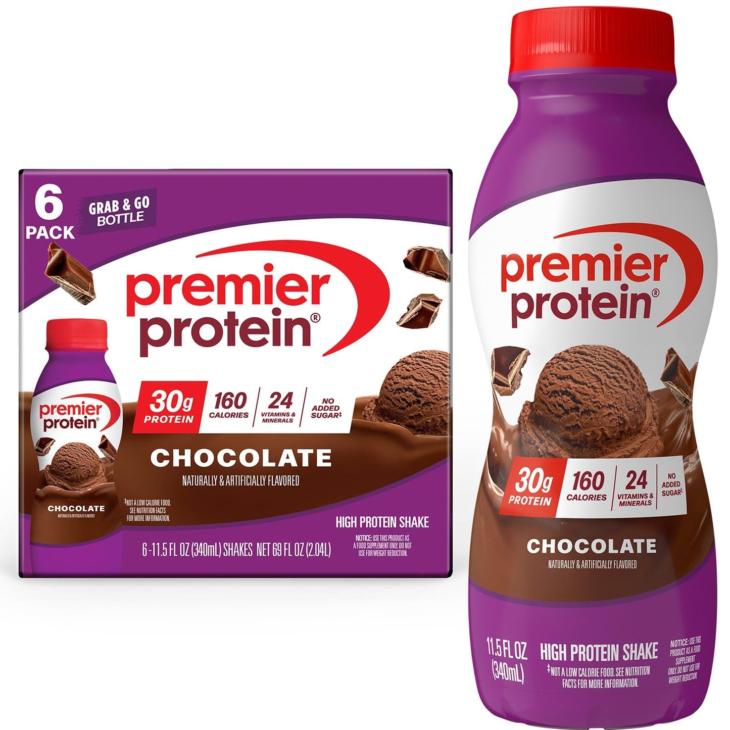 Premier Protein Shake, Chocolate, 30g Protein, No Added Sugar, 24 Vitamins & Minerals to Support Immune Health, 11.5 fl oz, 12 Pack