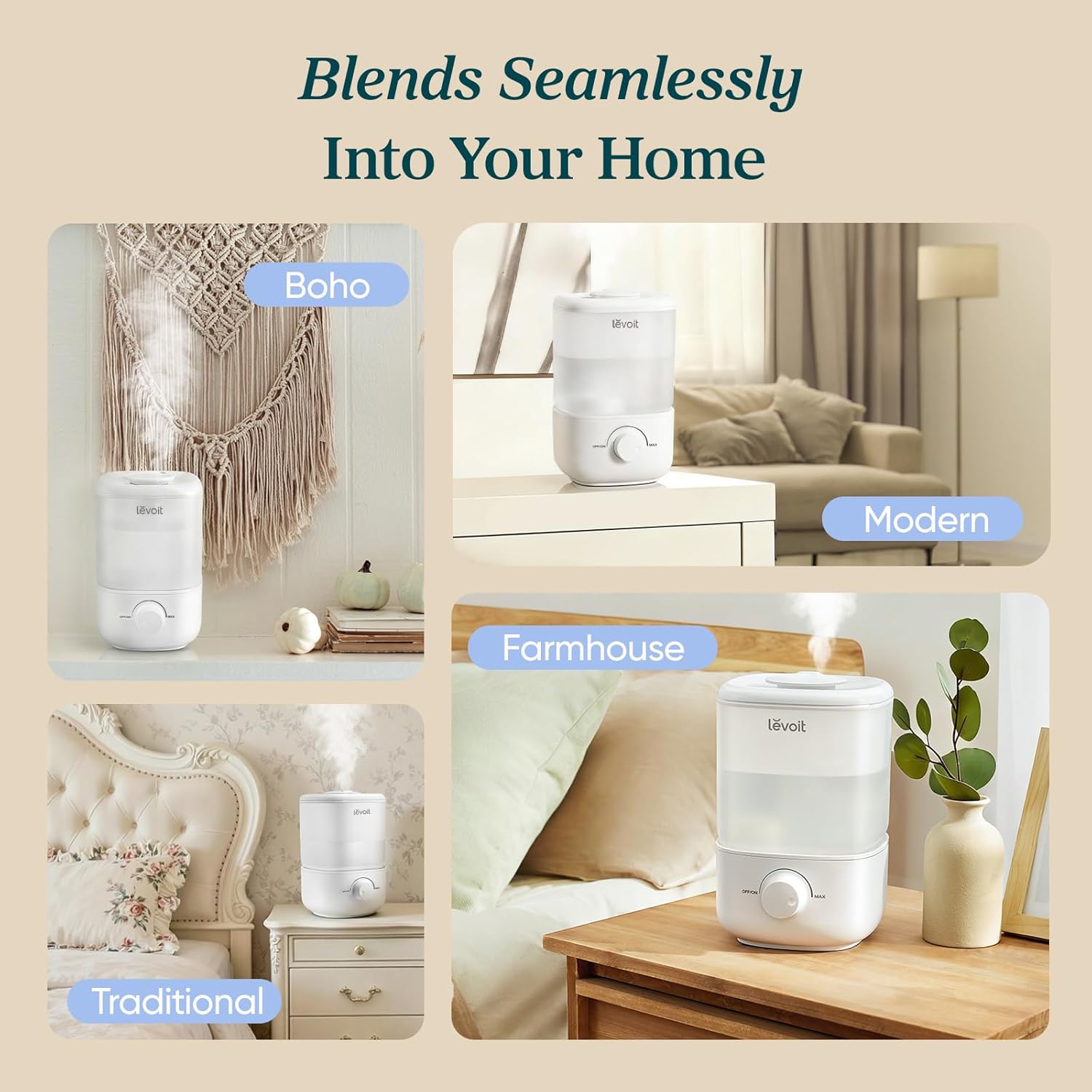 LEVOIT Top Fill Humidifiers for Bedroom, 2.5L Tank for Large Room, Easy to Fill & Clean, 28dB Quiet Cool Mist Air Humidifier for Home Baby Nursery & Plants, Auto Shut-off for Safety, 25H