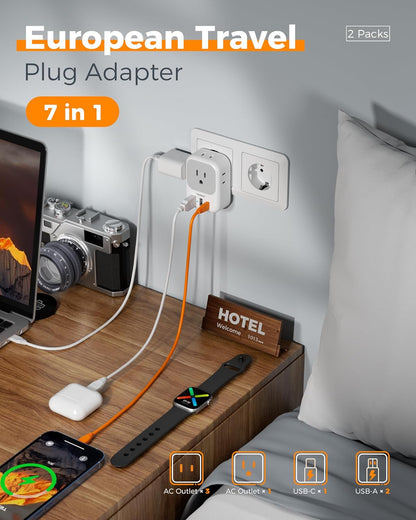 2 Pack European Travel Plug Adapter, TESSAN Europe Power Converter 4 Outlets 3 USB(1 USB C PD 20W), Type C International Adaptor to Italy Spain France Portugal Iceland Germany, EU Travel Essentials