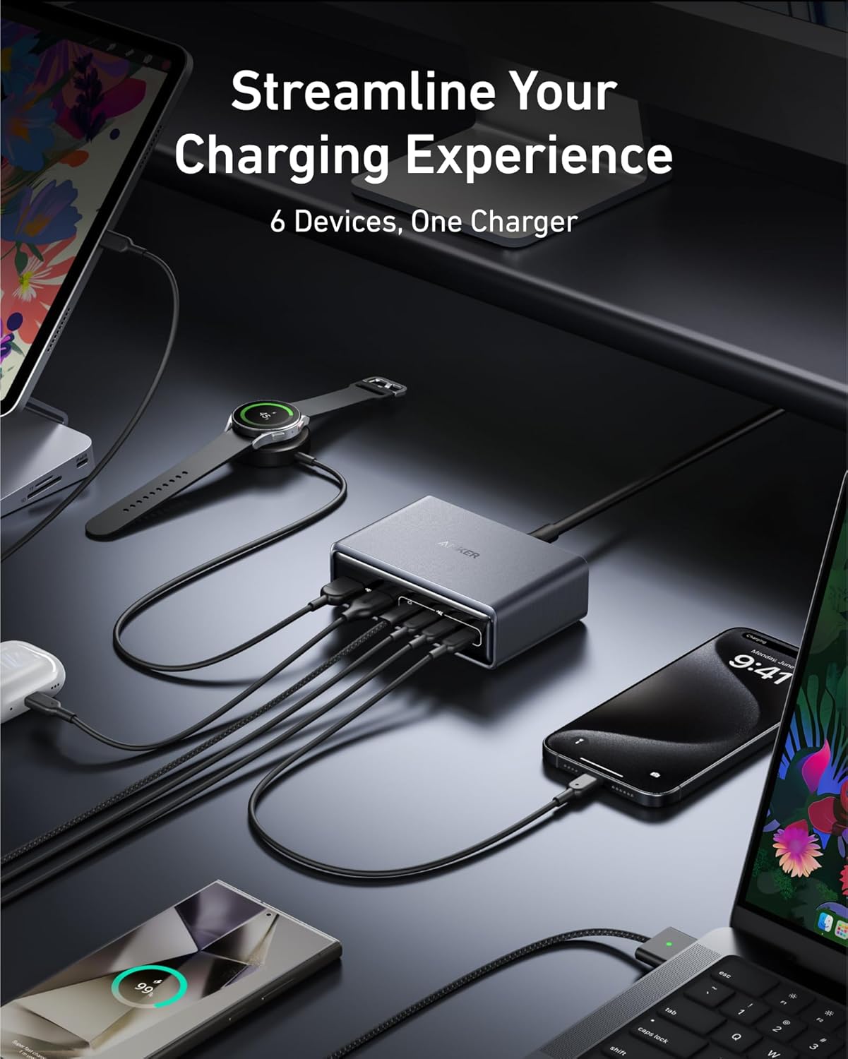 Anker Prime Charging Station, 200W 6-Port GaN Desktop Charger, Fast Charging USB C Charger for Multiple Devices, Compatible with iPhone, Galaxy, MacBook, Dell and More