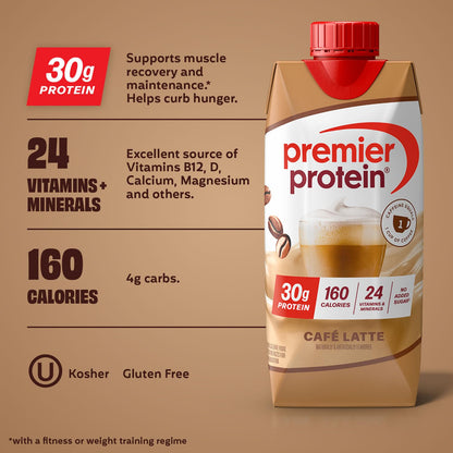 Premier Protein Shake, Café Latte with Caffeine for Energy – 30g Protein, No Added Sugar, 24 Vitamins & Minerals to Support Immune Health, 11 fl oz, 12 Pack