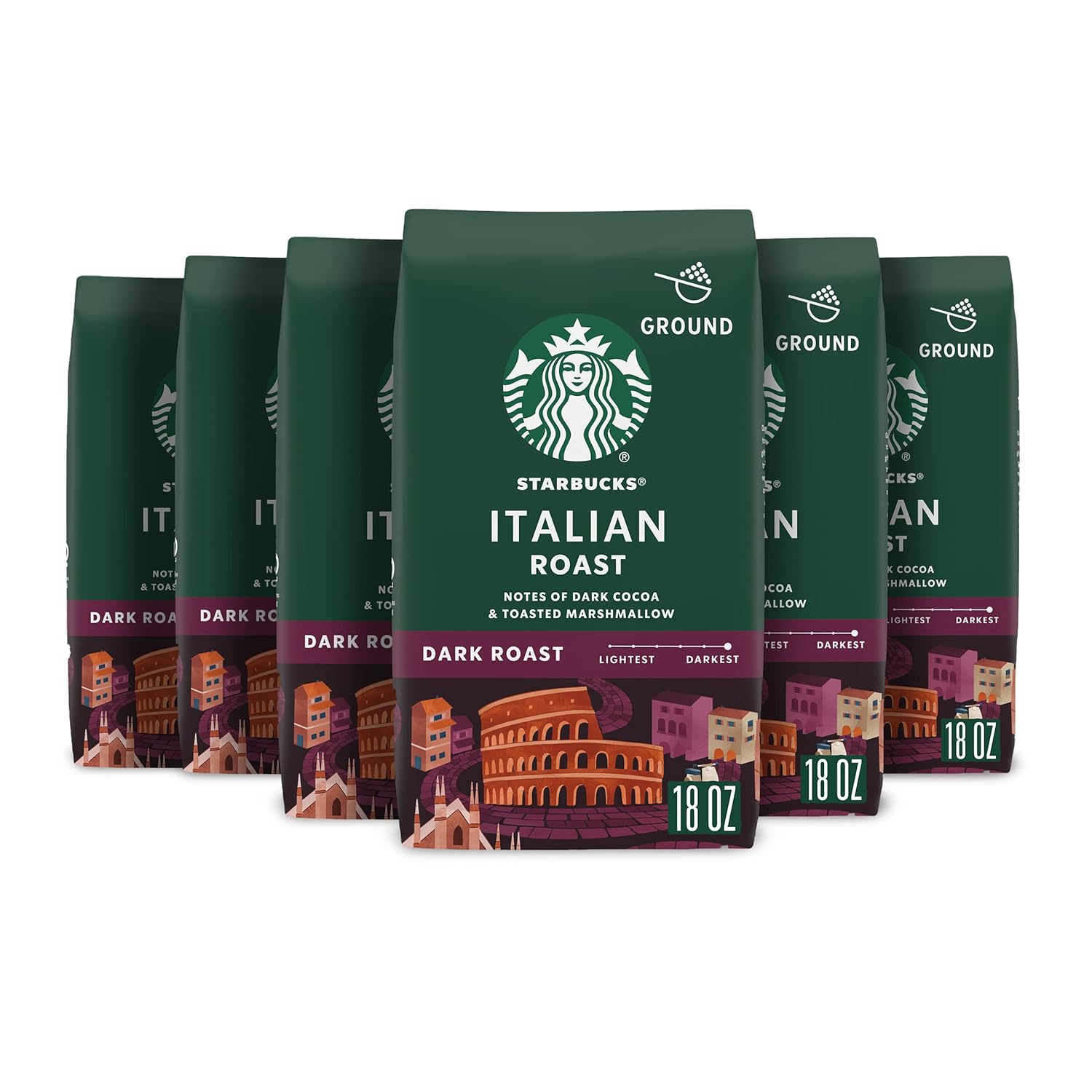 Starbucks Ground Coffee, Dark Roast Hot or Iced Coffee, Italian Roast, Six 18 oz Bags​
