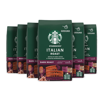 Starbucks Ground Coffee, Dark Roast Hot or Iced Coffee, Italian Roast, Six 18 oz Bags​