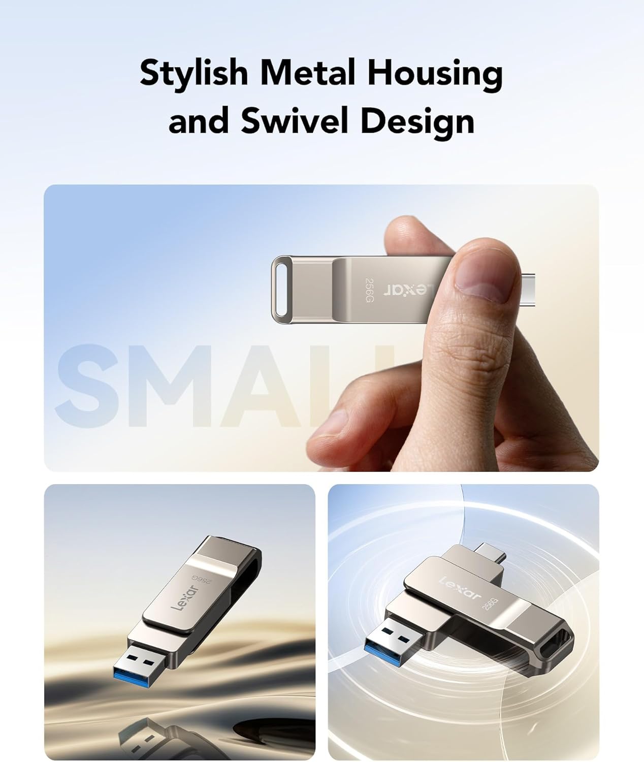 Lexar D40E 256GB Dual USB 3.2 Gen 1 Type-C Jump Drive, USB-C Flash Metal Housing Swivel Design Thumb Drive(Champagne Silver)