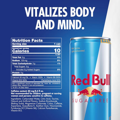 Red Bull Sugar Free Energy Drink with 80mg Caffeine plus Taurine & B Vitamins, 8.4 Fl Oz, Pack of 24 Cans