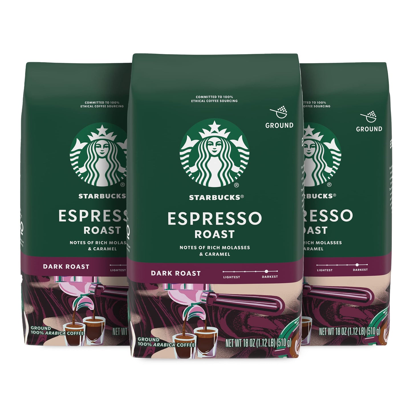 Starbucks Ground Coffee, Dark Roast Hot or Iced Coffee, Italian Roast, Six 18 oz Bags​