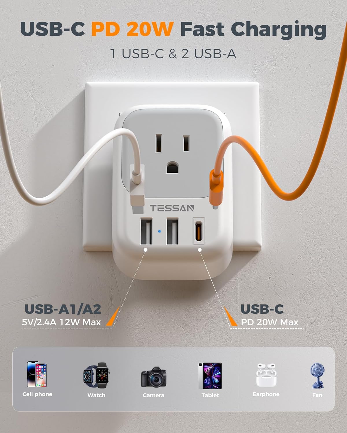 2 Pack European Travel Plug Adapter, TESSAN Europe Power Converter 4 Outlets 3 USB(1 USB C PD 20W), Type C International Adaptor to Italy Spain France Portugal Iceland Germany, EU Travel Essentials