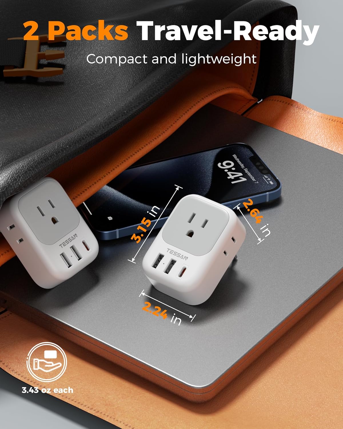 2 Pack European Travel Plug Adapter, TESSAN Europe Power Converter 4 Outlets 3 USB(1 USB C PD 20W), Type C International Adaptor to Italy Spain France Portugal Iceland Germany, EU Travel Essentials