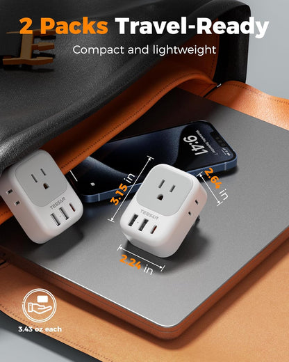2 Pack European Travel Plug Adapter, TESSAN Europe Power Converter 4 Outlets 3 USB(1 USB C PD 20W), Type C International Adaptor to Italy Spain France Portugal Iceland Germany, EU Travel Essentials