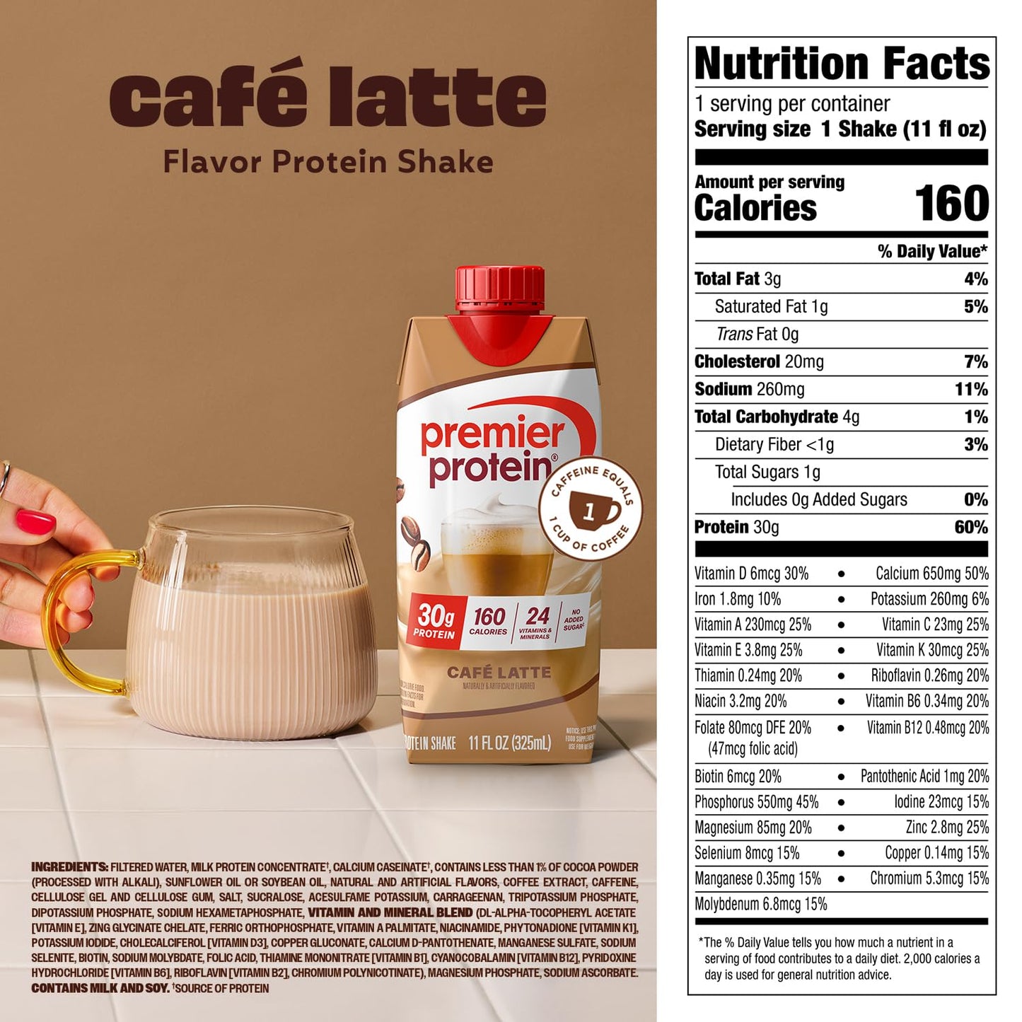 Premier Protein Shake, Café Latte with Caffeine for Energy – 30g Protein, No Added Sugar, 24 Vitamins & Minerals to Support Immune Health, 11 fl oz, 12 Pack