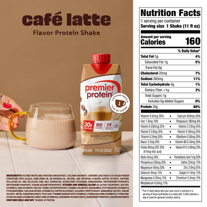 Premier Protein Shake, Café Latte with Caffeine for Energy – 30g Protein, No Added Sugar, 24 Vitamins & Minerals to Support Immune Health, 11 fl oz, 12 Pack