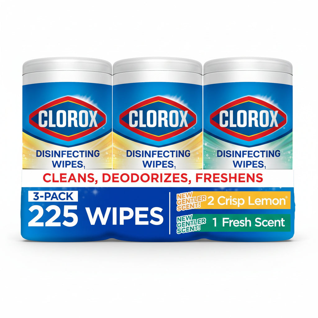 Clorox Disinfecting Wipes for Allergy Season, Bleach-Free, Multi-Surface Cleaner, Antibacterial, Fresh Scent & Crisp Lemon, 75 Count Each, Pack of 3