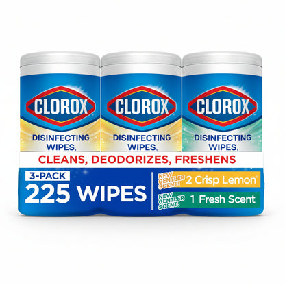 Clorox Disinfecting Wipes for Allergy Season, Bleach-Free, Multi-Surface Cleaner, Antibacterial, Fresh Scent & Crisp Lemon, 75 Count Each, Pack of 3