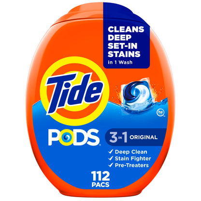Tide PODS laundry detergent pacs, 3-in-1 Stain Remover, Odor Fighter, Color Protector, 112 Count, HE compatible, Spring Meadow Scent