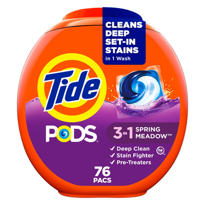 Tide PODS laundry detergent pacs, 3-in-1 Stain Remover, Odor Fighter, Color Protector, 112 Count, HE compatible, Spring Meadow Scent