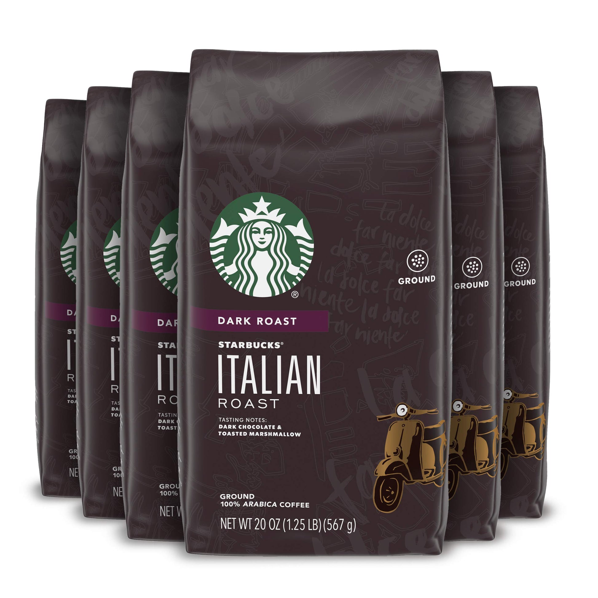 Starbucks Ground Coffee, Dark Roast Hot or Iced Coffee, Italian Roast, Six 18 oz Bags​