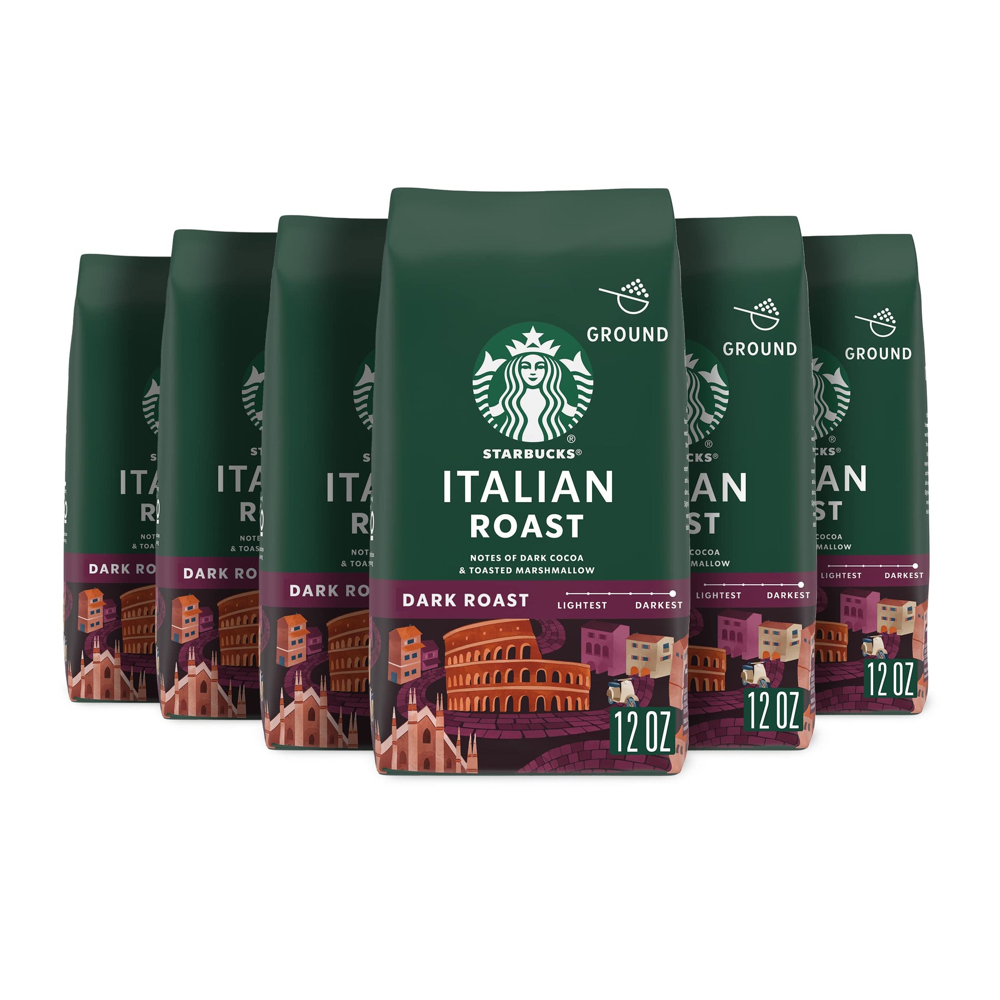 Starbucks Ground Coffee, Dark Roast Hot or Iced Coffee, Italian Roast, Six 18 oz Bags​