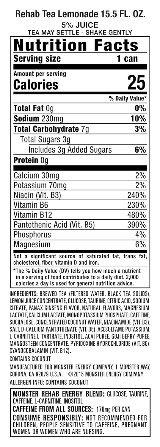Monster Rehab Tea + Lemonade + Energy, Energy Drink 15.5 Ounce | Energy Iced Tea