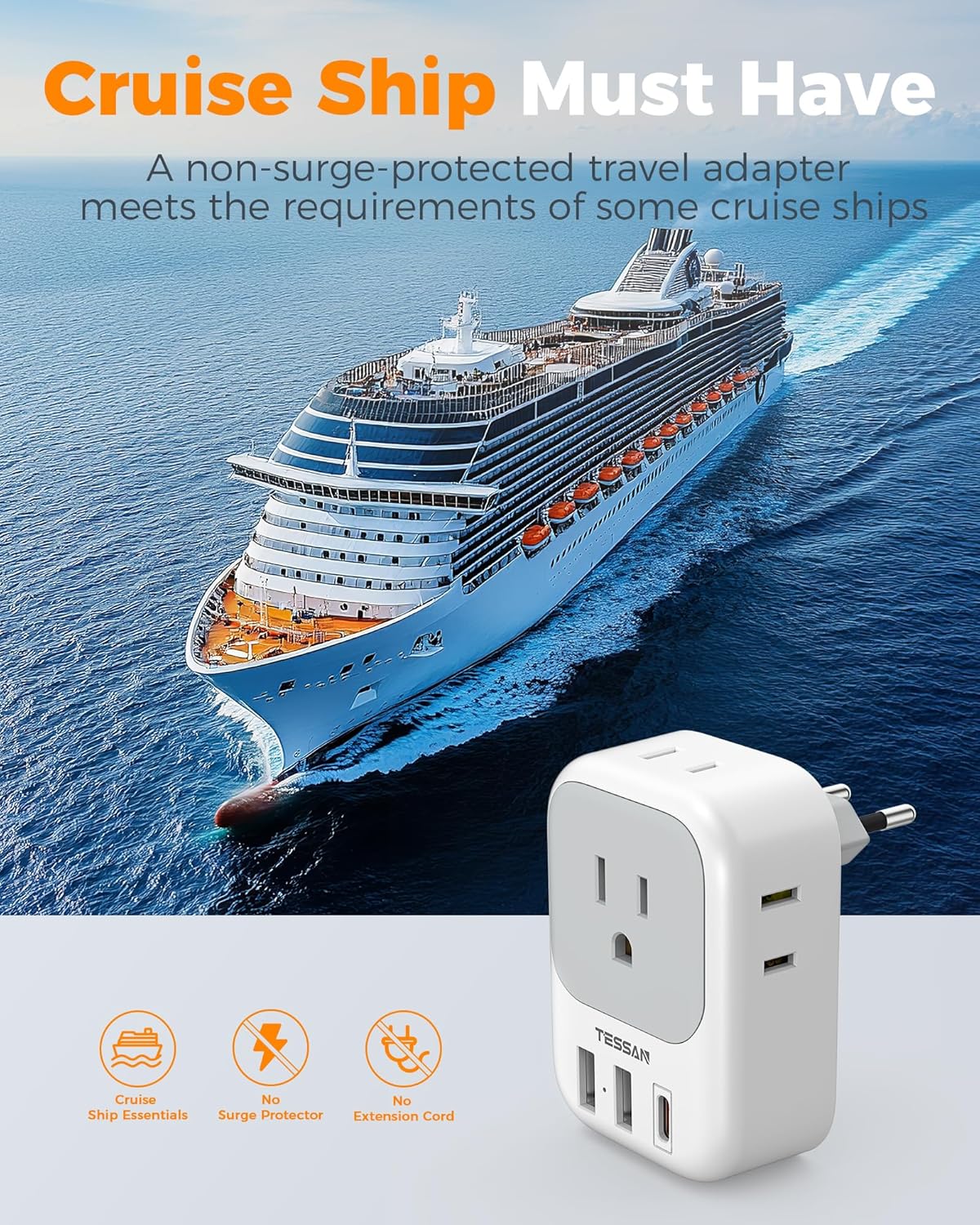 2 Pack European Travel Plug Adapter, TESSAN Europe Power Converter 4 Outlets 3 USB(1 USB C PD 20W), Type C International Adaptor to Italy Spain France Portugal Iceland Germany, EU Travel Essentials