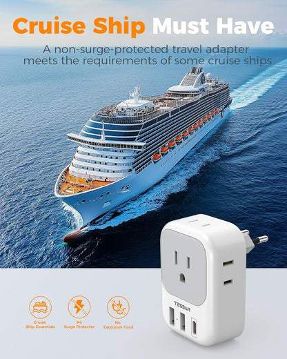 2 Pack European Travel Plug Adapter, TESSAN Europe Power Converter 4 Outlets 3 USB(1 USB C PD 20W), Type C International Adaptor to Italy Spain France Portugal Iceland Germany, EU Travel Essentials